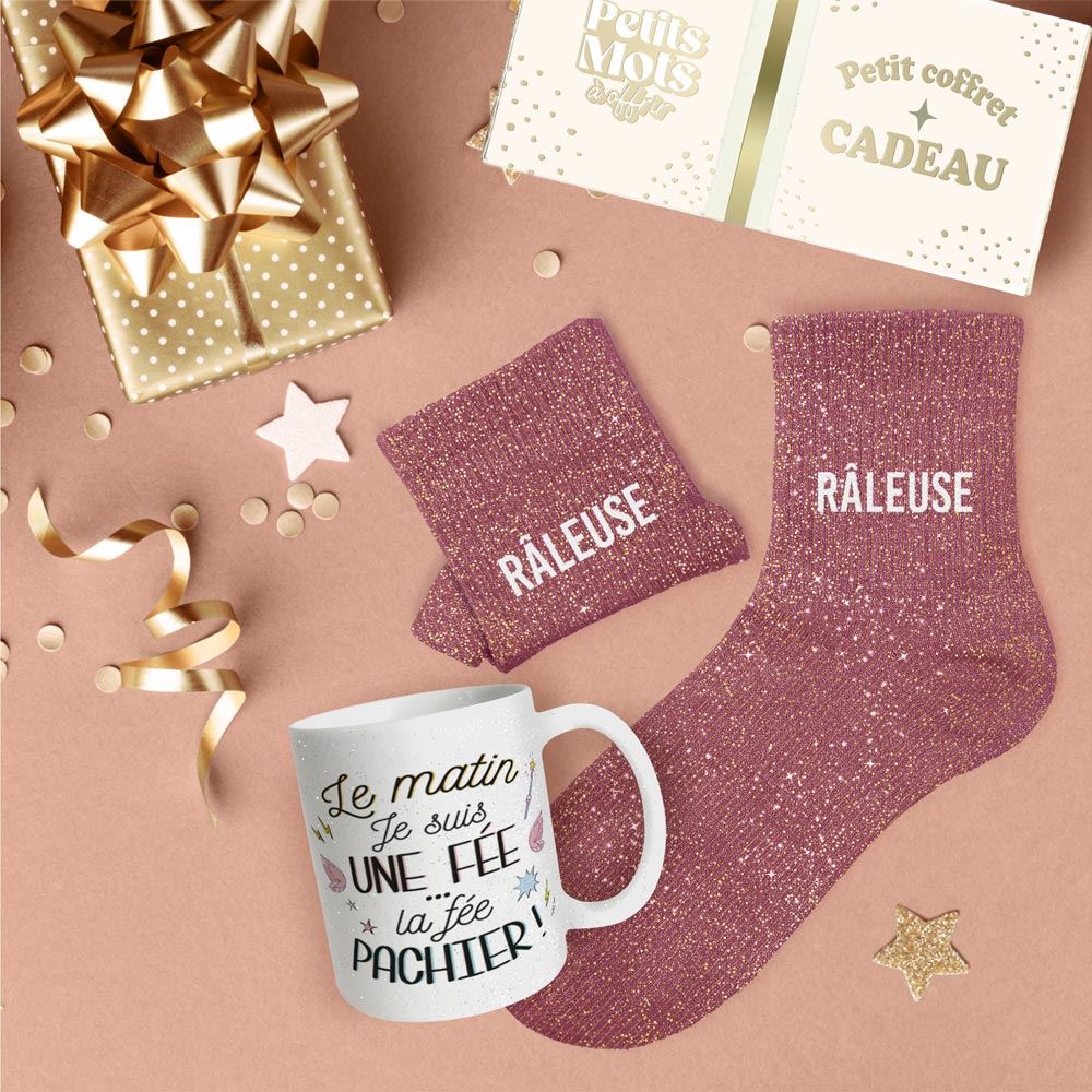 Coffret mug chaussettes paillettes affectif raleuse
