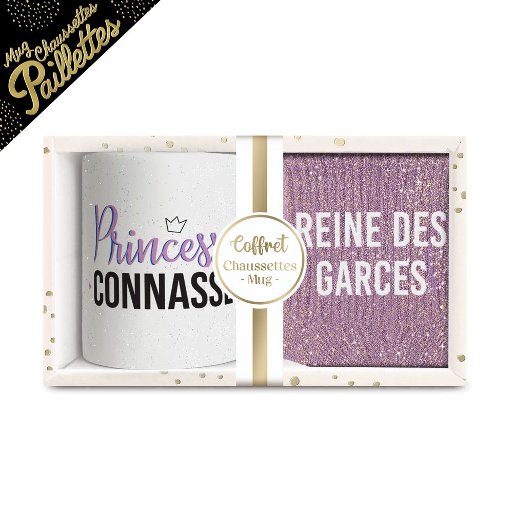 Coffret mug chaussettes paillettes affectif reine des garces
