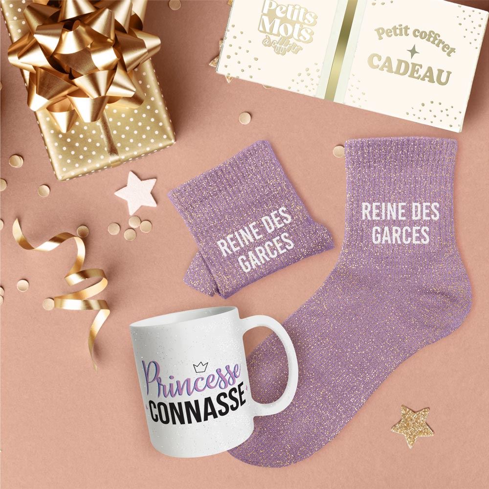 Coffret mug chaussettes paillettes affectif reine des garces
