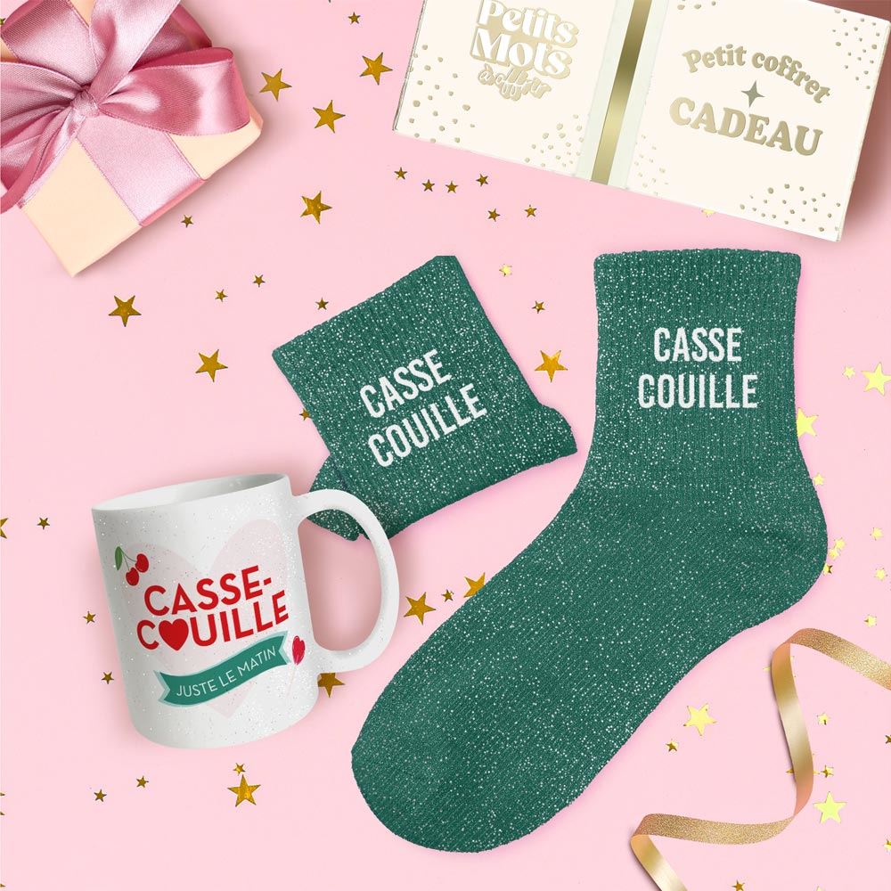 Coffret mug chaussettes paillettes casse couille
