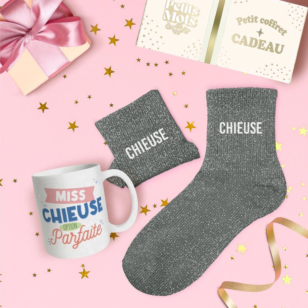 Coffret mug chaussettes paillettes chieuse
