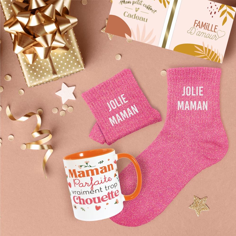 Coffret mug chaussettes paillettes affectif jolie maman