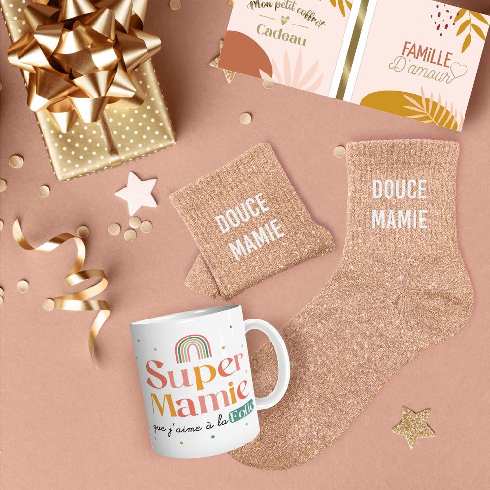 Coffret mug chaussettes paillettes affectif douce mamie