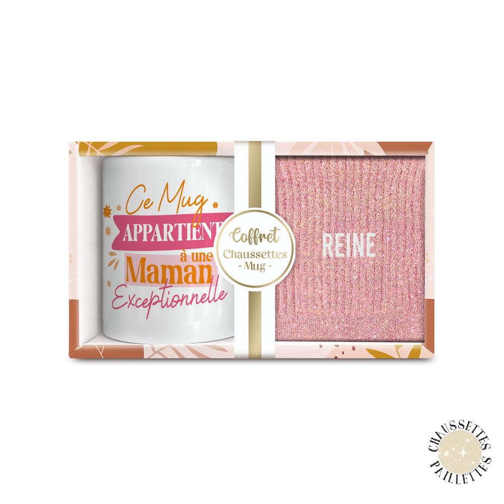 Coffret mug chaussettes paillettes affectif reine
