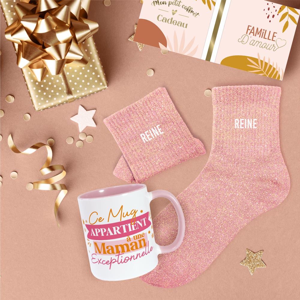 Coffret mug chaussettes paillettes affectif reine

