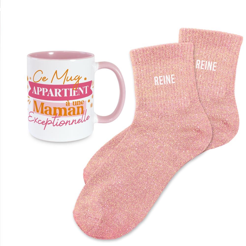 Coffret mug chaussettes paillettes affectif reine
