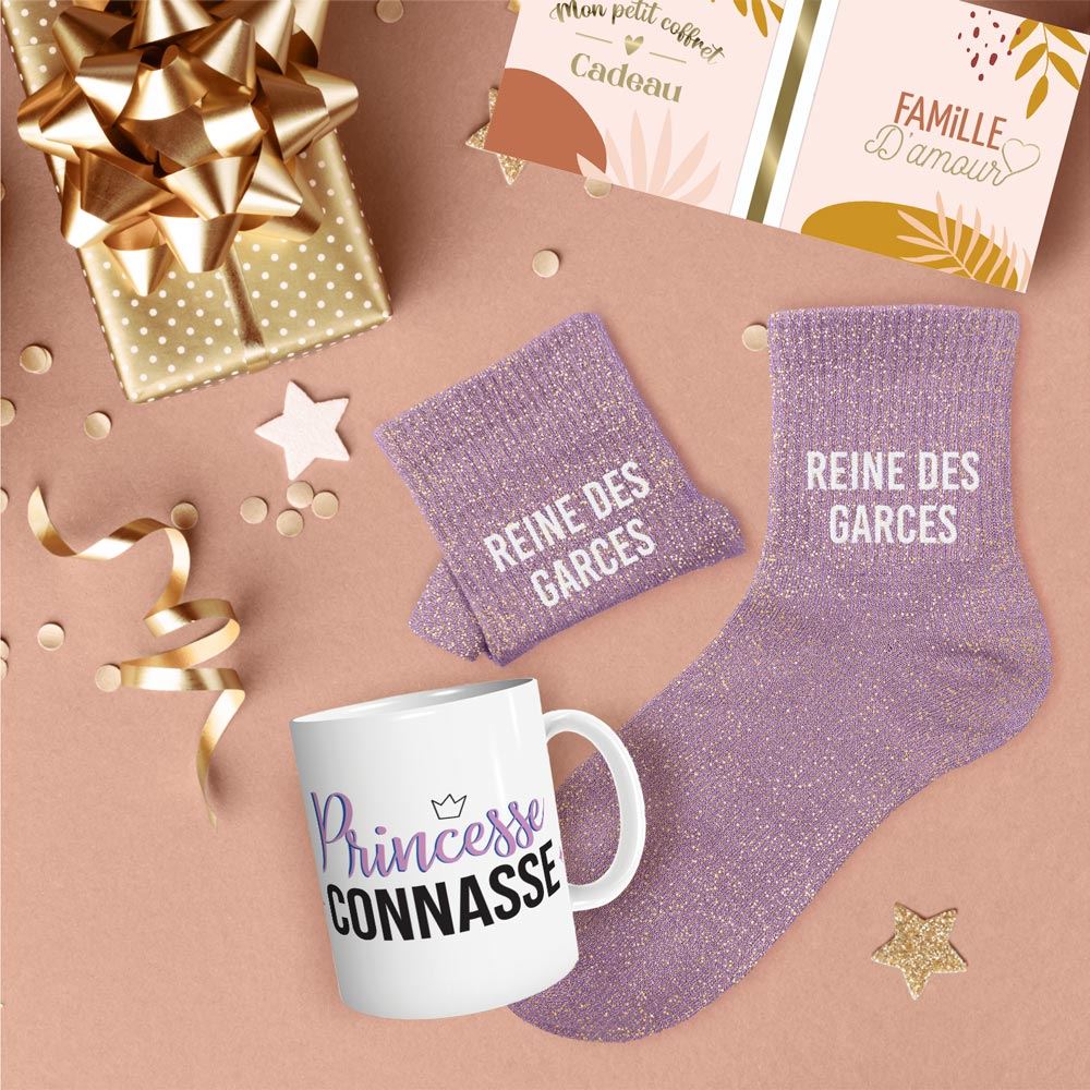 Coffret mug chaussettes paillettes affectif reine des garces
