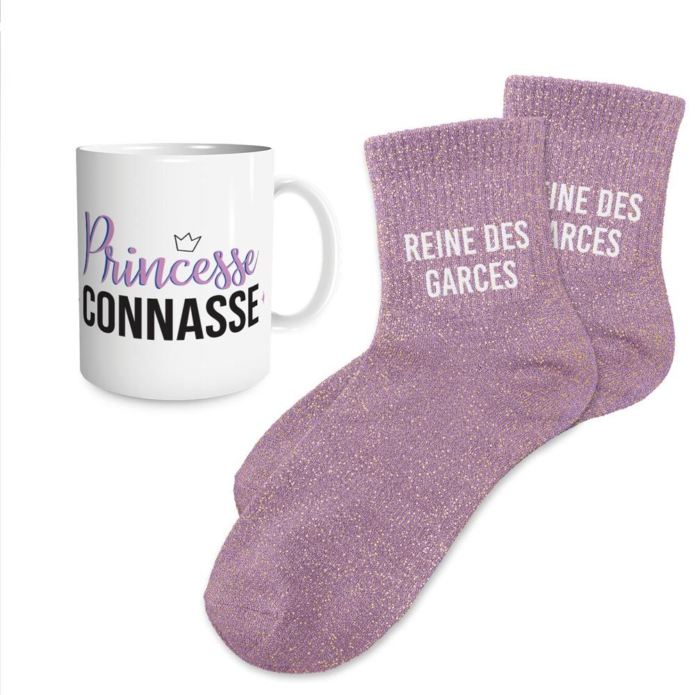 Coffret mug chaussettes paillettes affectif reine des garces

