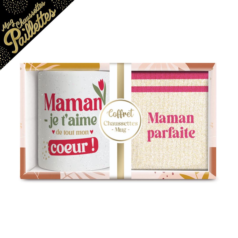 Coffret mug chaussettes paillettes affectif maman parfaite