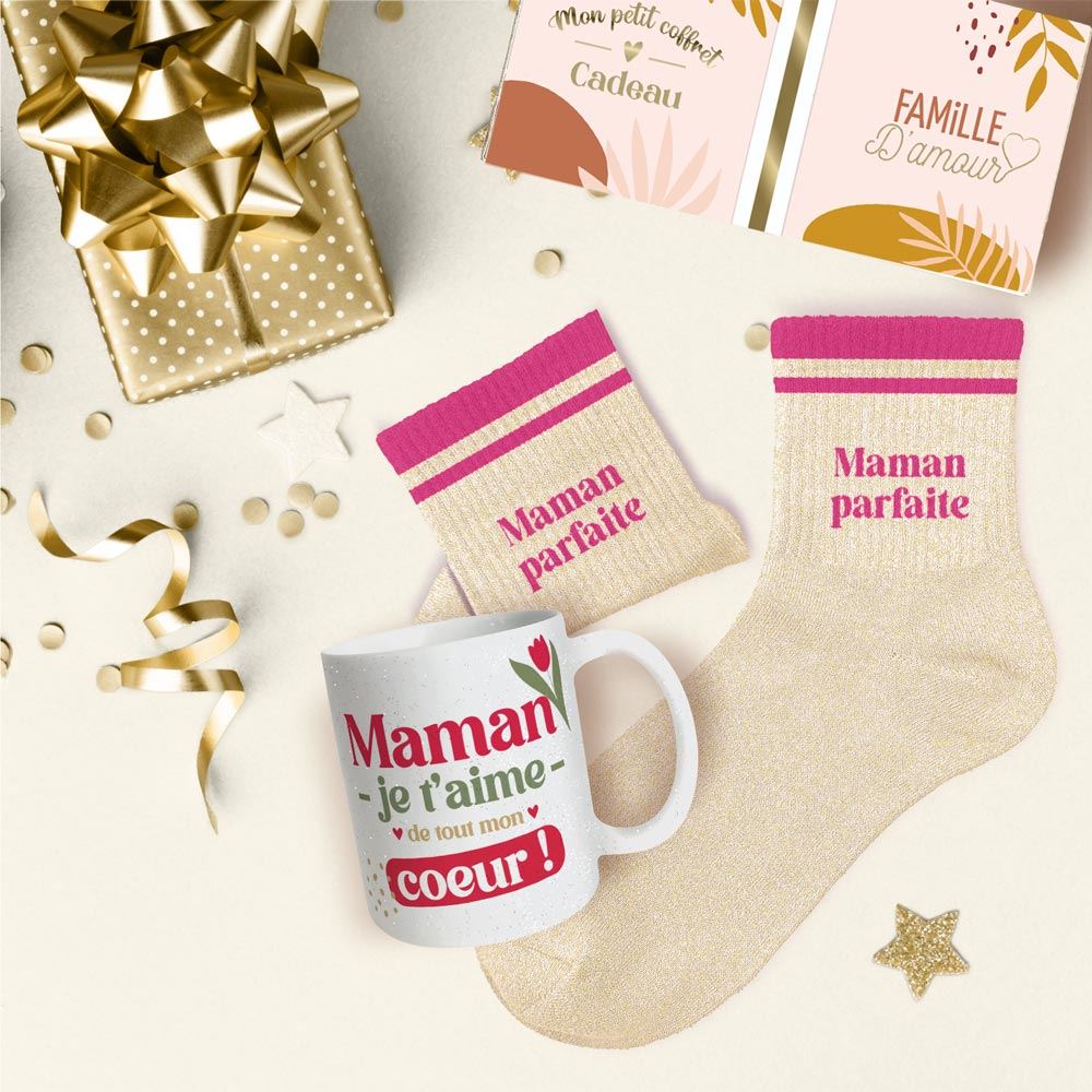 Coffret mug chaussettes paillettes affectif maman parfaite