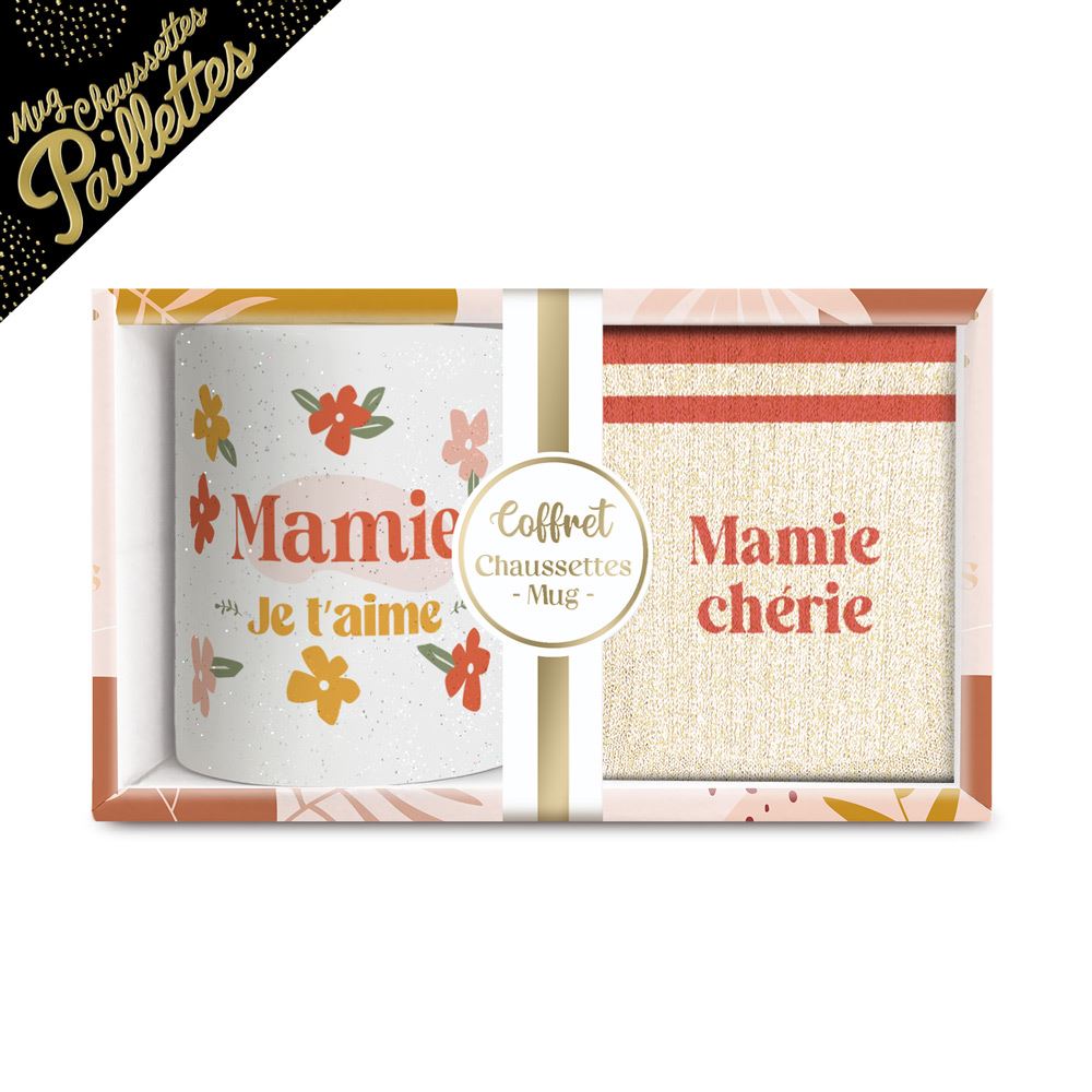Coffret mug chaussettes paillettes affectif mamie cherie