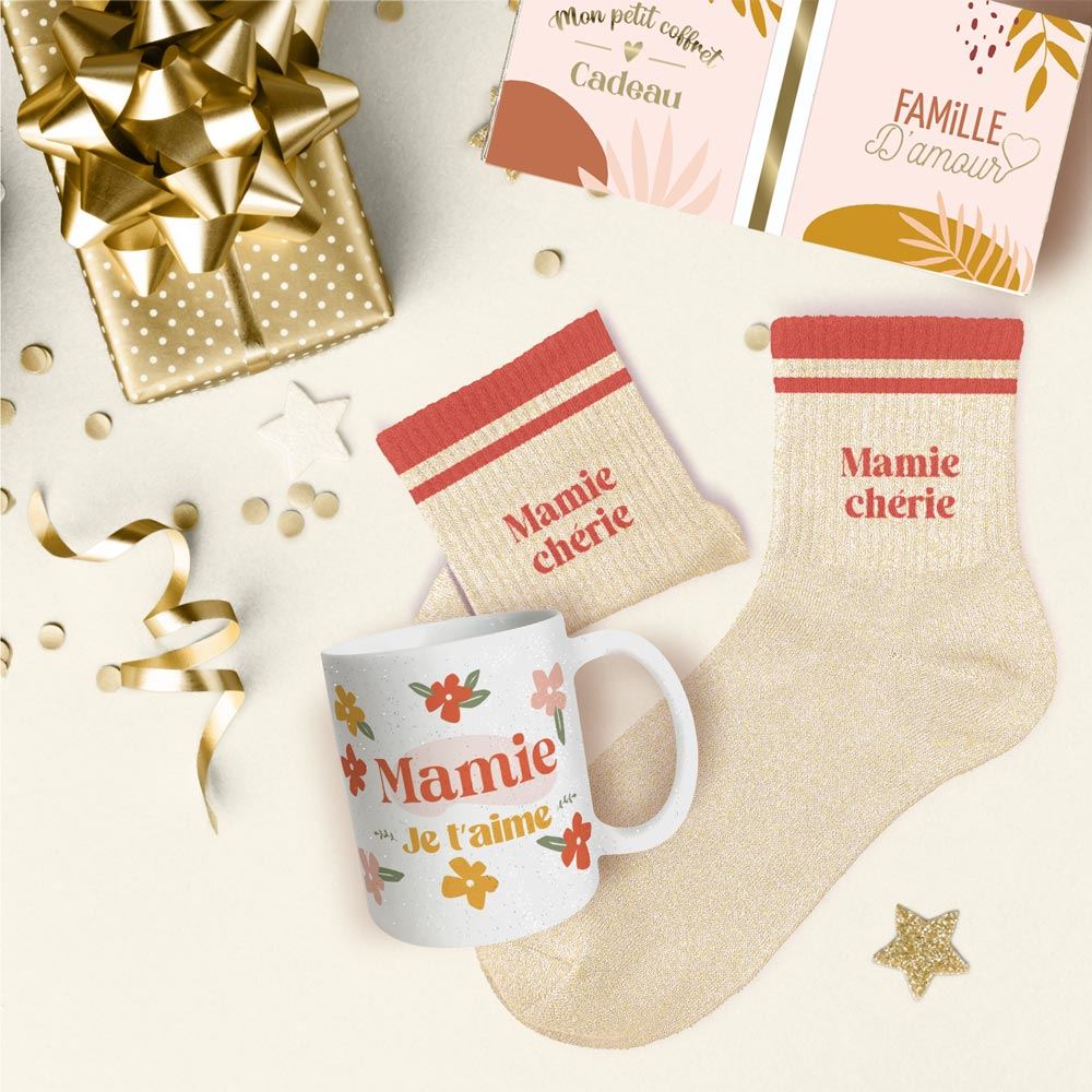 Coffret mug chaussettes paillettes affectif mamie cherie