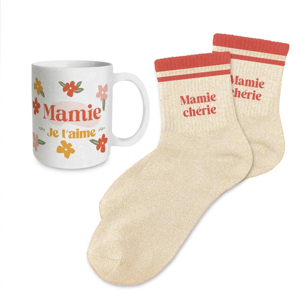 Coffret mug chaussettes paillettes affectif mamie cherie