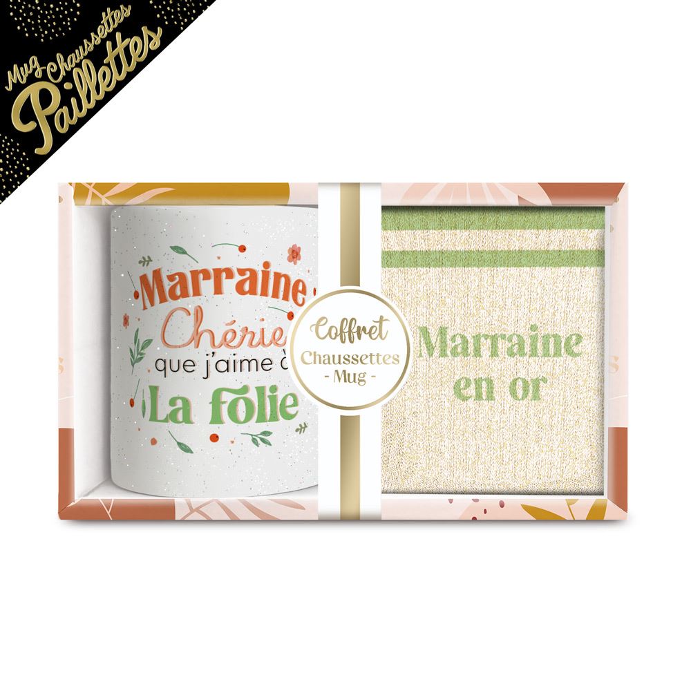 Coffret mug chaussettes paillettes affectif marraine en or