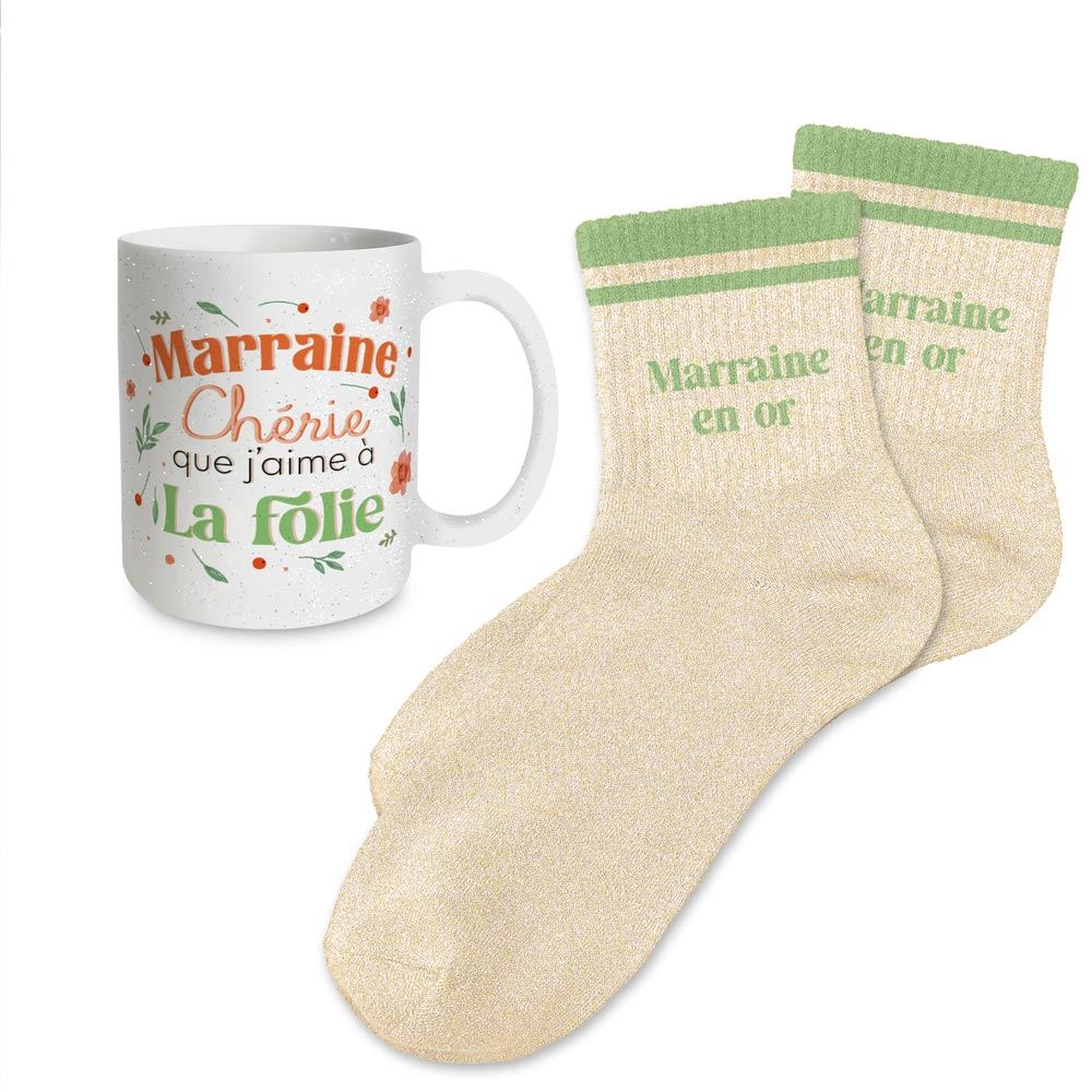 Coffret mug chaussettes paillettes affectif marraine en or