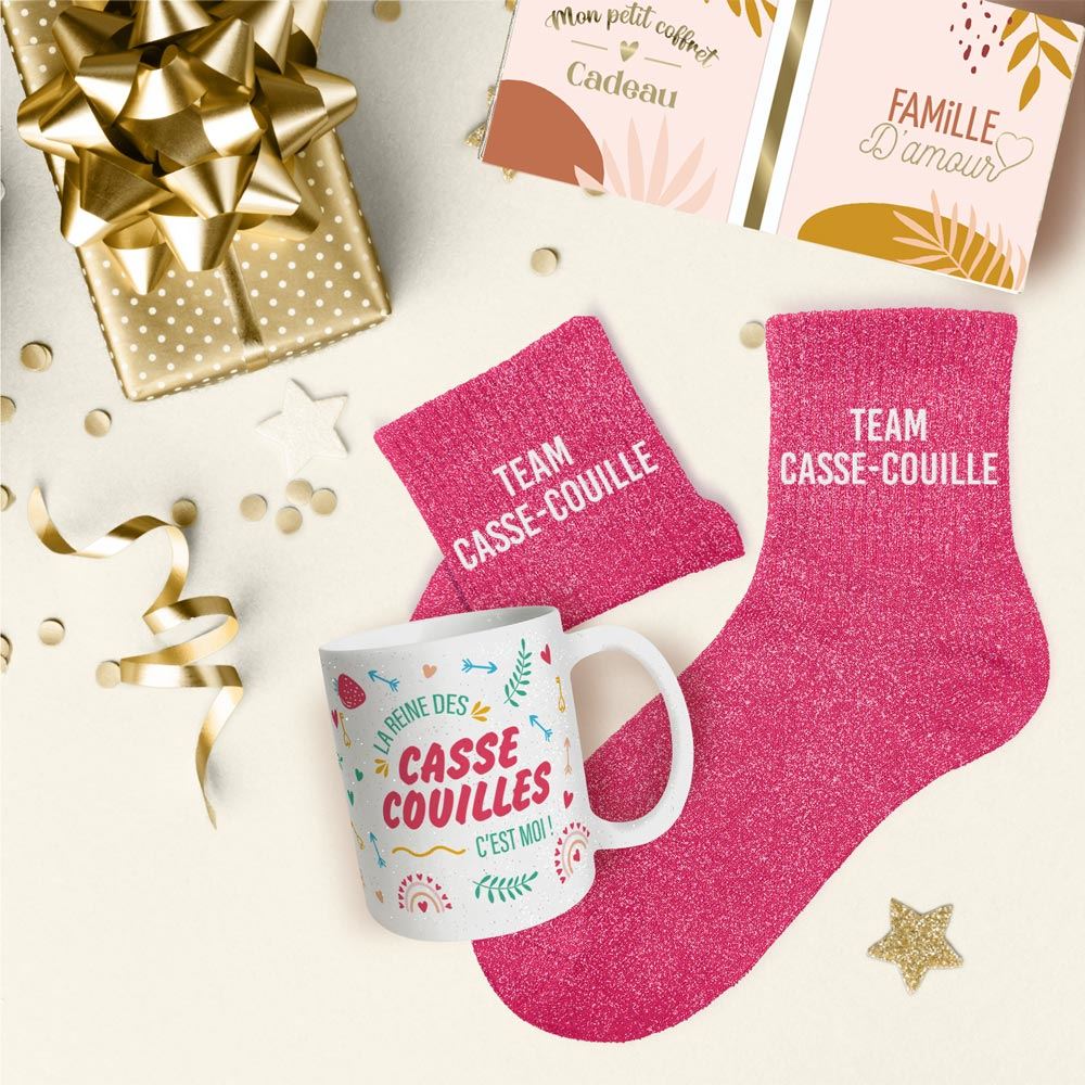 Coffret mug chaussettes paillettes affectif team casse-couille