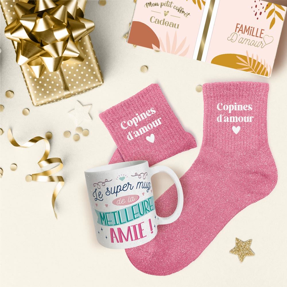 Coffret mug chaussettes paillettes affectif copine d amour