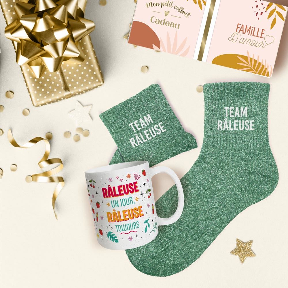 Coffret mug chaussettes paillettes affectif team raleuse