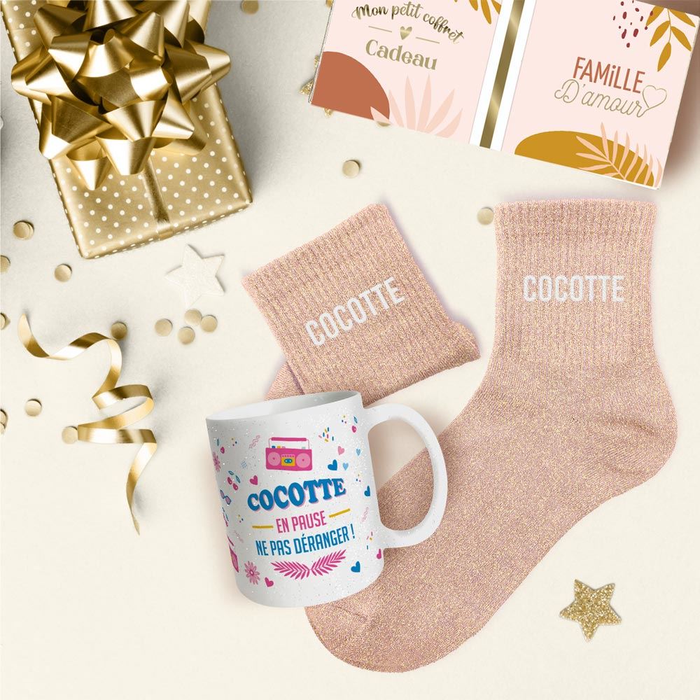 Coffret mug chaussettes paillettes affectif cocotte
