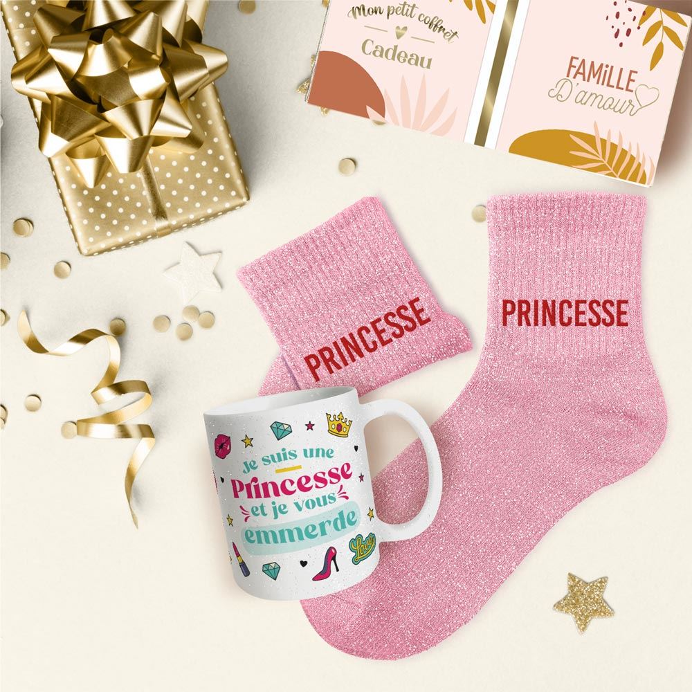 Coffret mug chaussettes paillettes affectif princesse