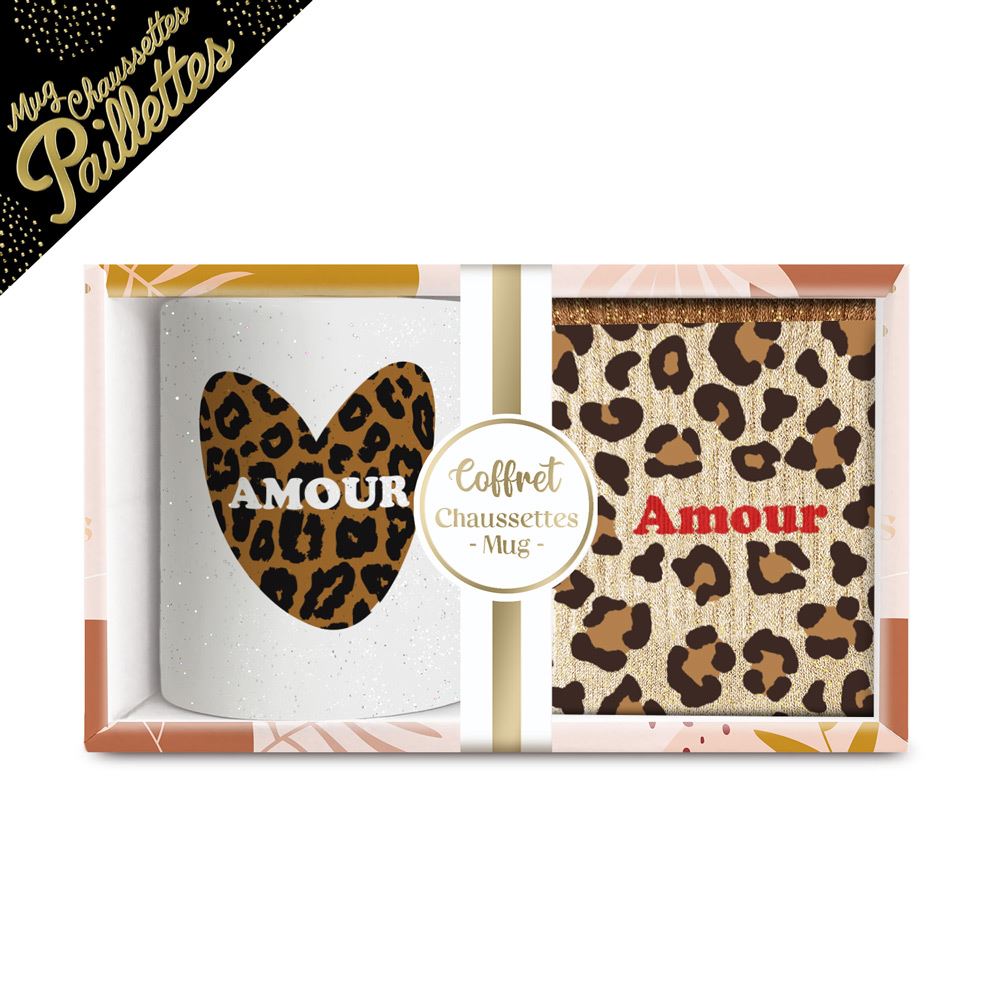 Coffret mug chaussettes paillettes affectif amour leopard