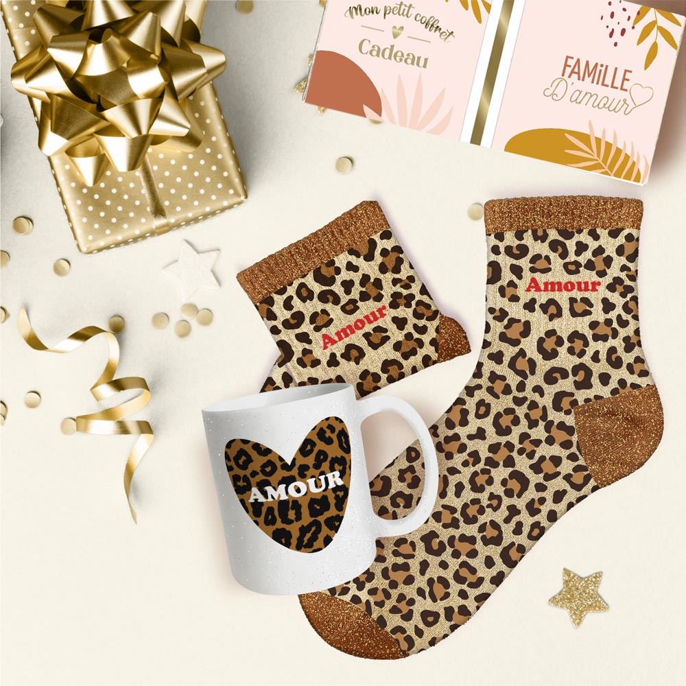 Coffret mug chaussettes paillettes affectif amour leopard