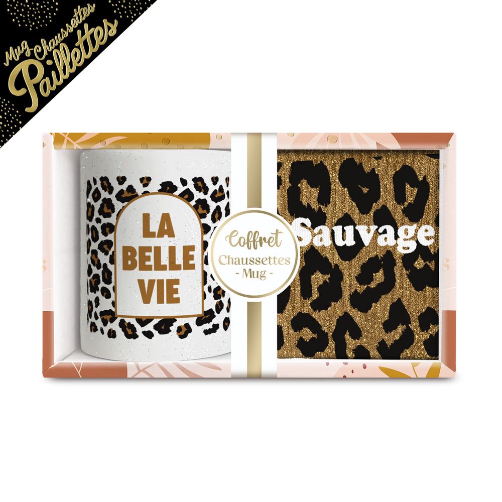 Coffret mug chaussettes paillettes affectif sauvage leopard