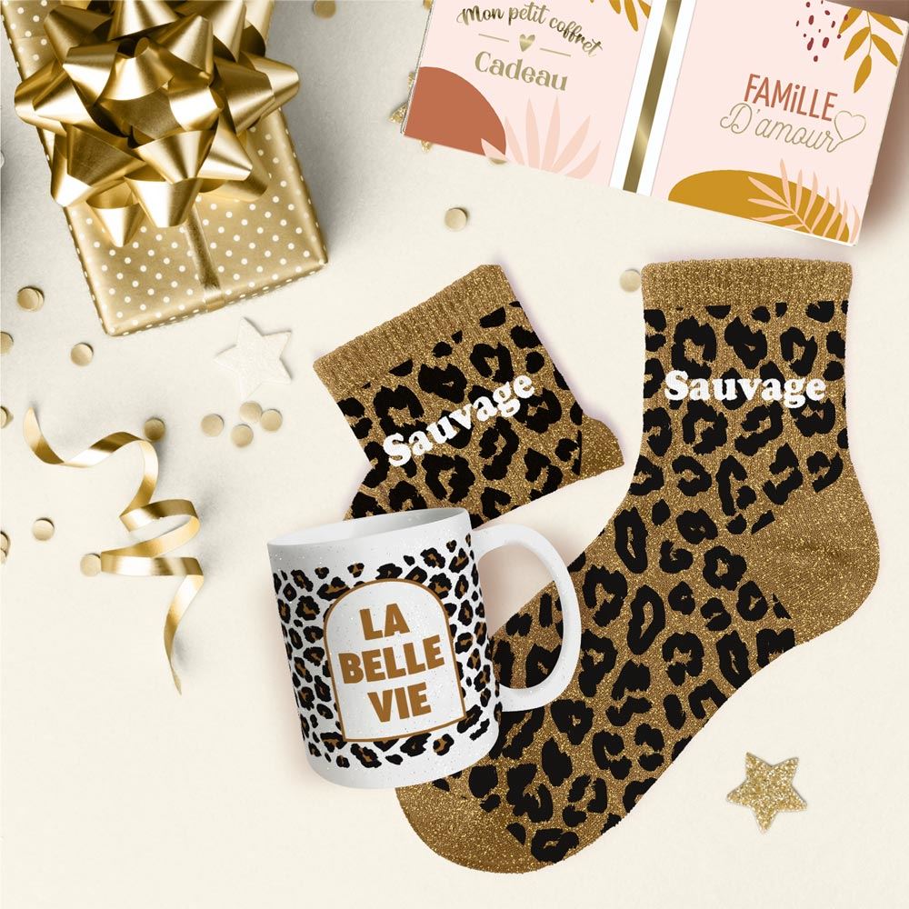 Coffret mug chaussettes paillettes affectif sauvage leopard