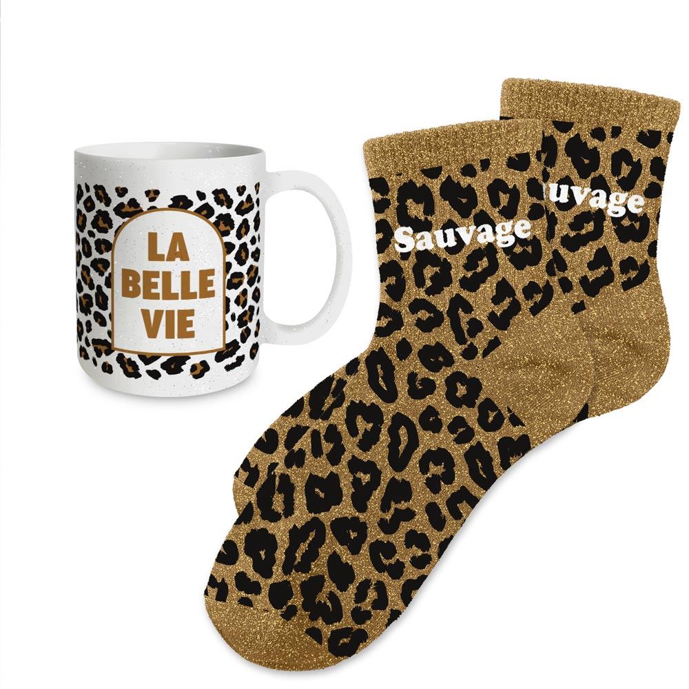 Coffret mug chaussettes paillettes affectif sauvage leopard