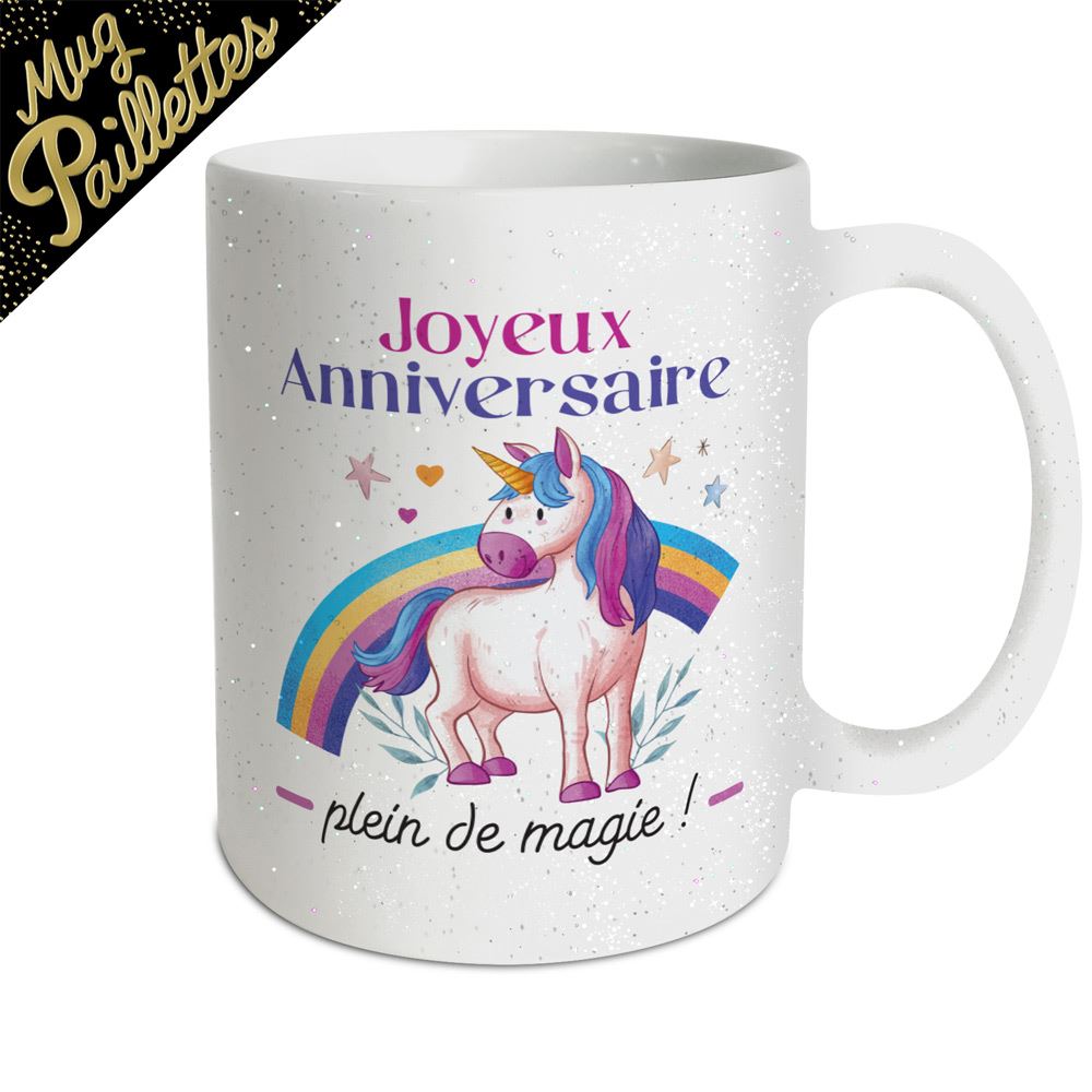 Mug a paillettes licorne anniversaire
