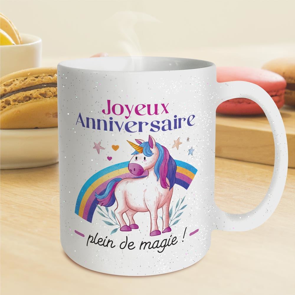 Mug a paillettes licorne anniversaire
