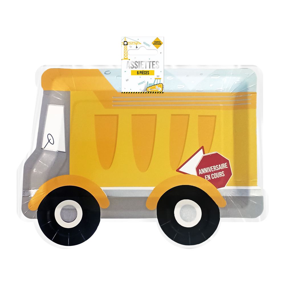 Pack 6 assiettes camion anniversaire chantier