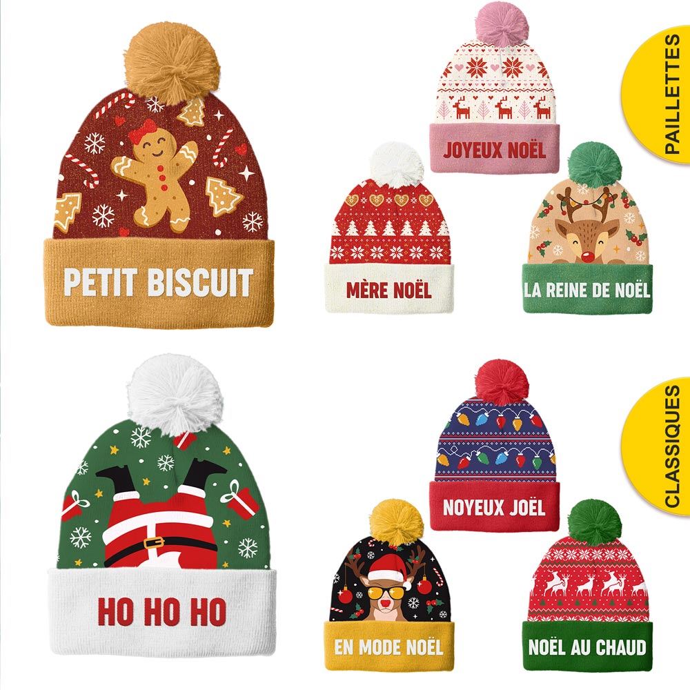 Bonnets paillettes et kitch noel