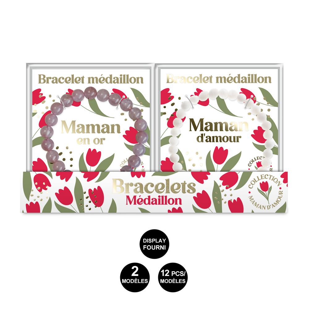 Bracelets pierre medaillon maman 2mods /24pcs